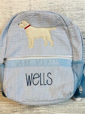 Personalized Seersucker Kids Backpack with Dog Applique